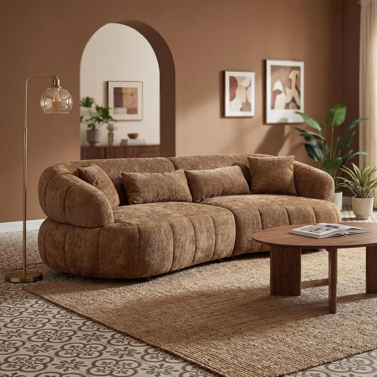 Curved Sectional Sofa, 103", 4-Seat, High-Density Foam, Sculptural, Brown