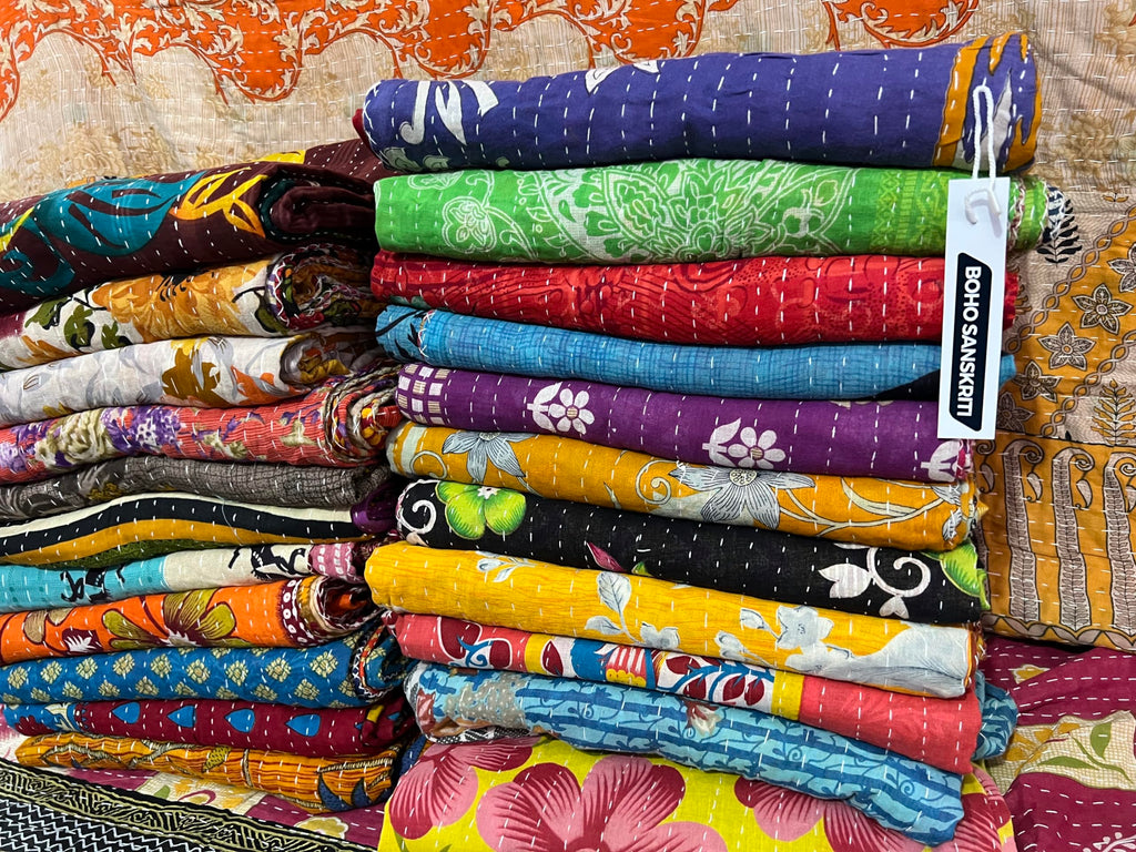 Vintage Bedspreads, Throws, Ralli, Lot Kantha Reversible Bedcover Bedspread Throw Cotton Blanket Gudari Kantha Quilt