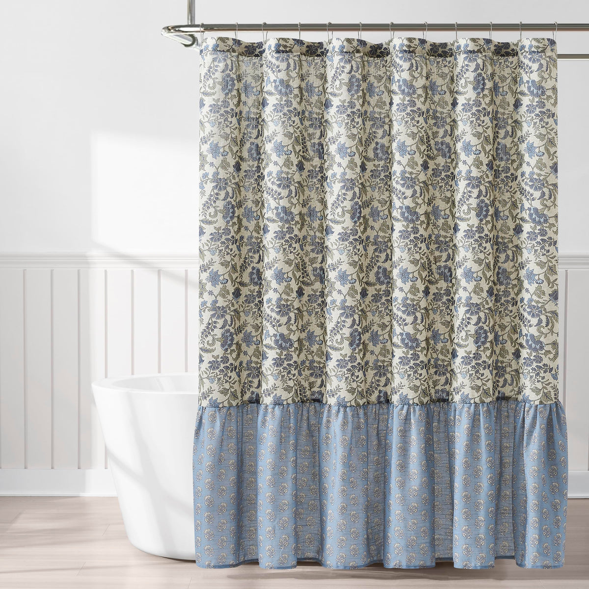 Lillian Block Print Linen Textured Single 72" W x 72" L Blue & Sage - Vintage Floral Shower Curtains - Ruffled Bath