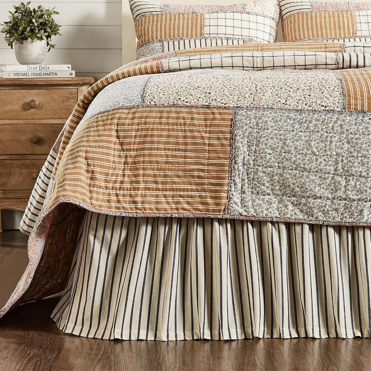 Vintage Country Farmhouse Kaila Gathered Blue Stripe King Bed Skirt 78x80x16