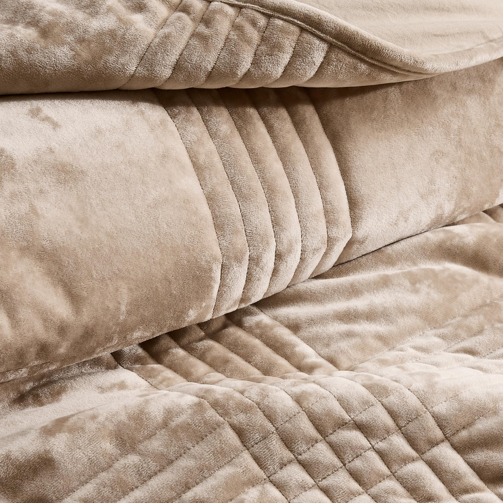 Velvet Quilt Set, Beige Khaki Tan Taupe Camel, 3 Pieces
