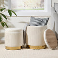 Round Ottoman with Storage Set of 2, Storage Vanity Stool | Velvet Upholstered Ottoman Coffee Table, Gold-Tone Ring