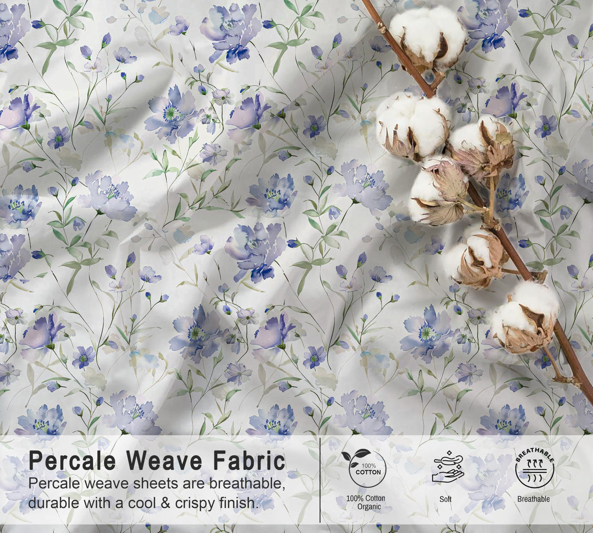 100% Cotton Organic Queen Sheets, Percale Queen Sheet Set, Heather