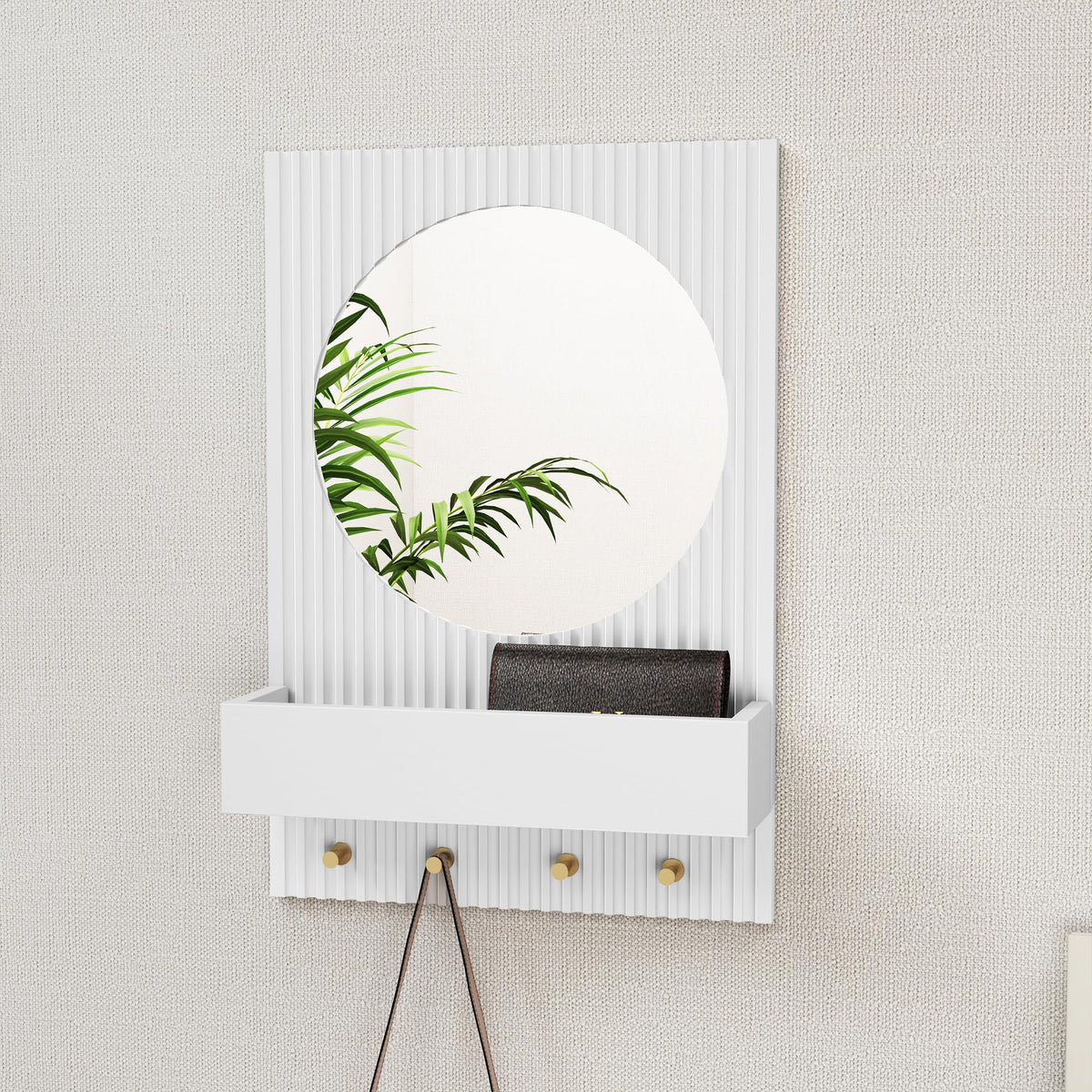 Wood Wall Mirror with Shelf&Hooks, 24"x16" White Wall-Mounted Mirrors with Streamlined Texture Hanging Decorative