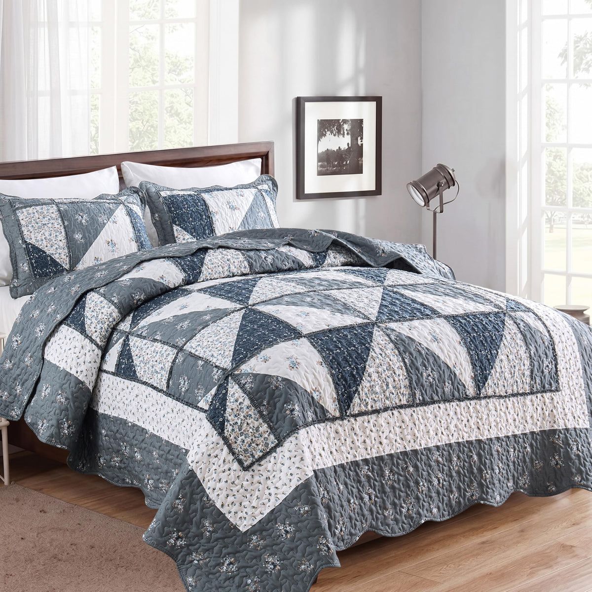 Quilt Bedding Set Grey Floral Patchwork Quilted Bedspread Set