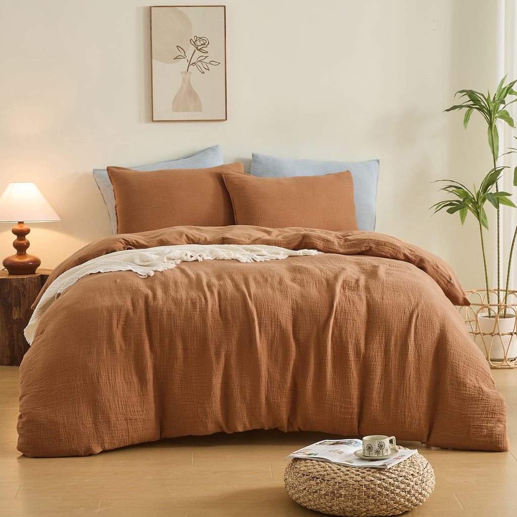 Muslin Duvet Cover Set, 3Pcs Rust Linen Cotton 3-Layer Gauze Minimalist Comforter Cover 104"x92", Ultra