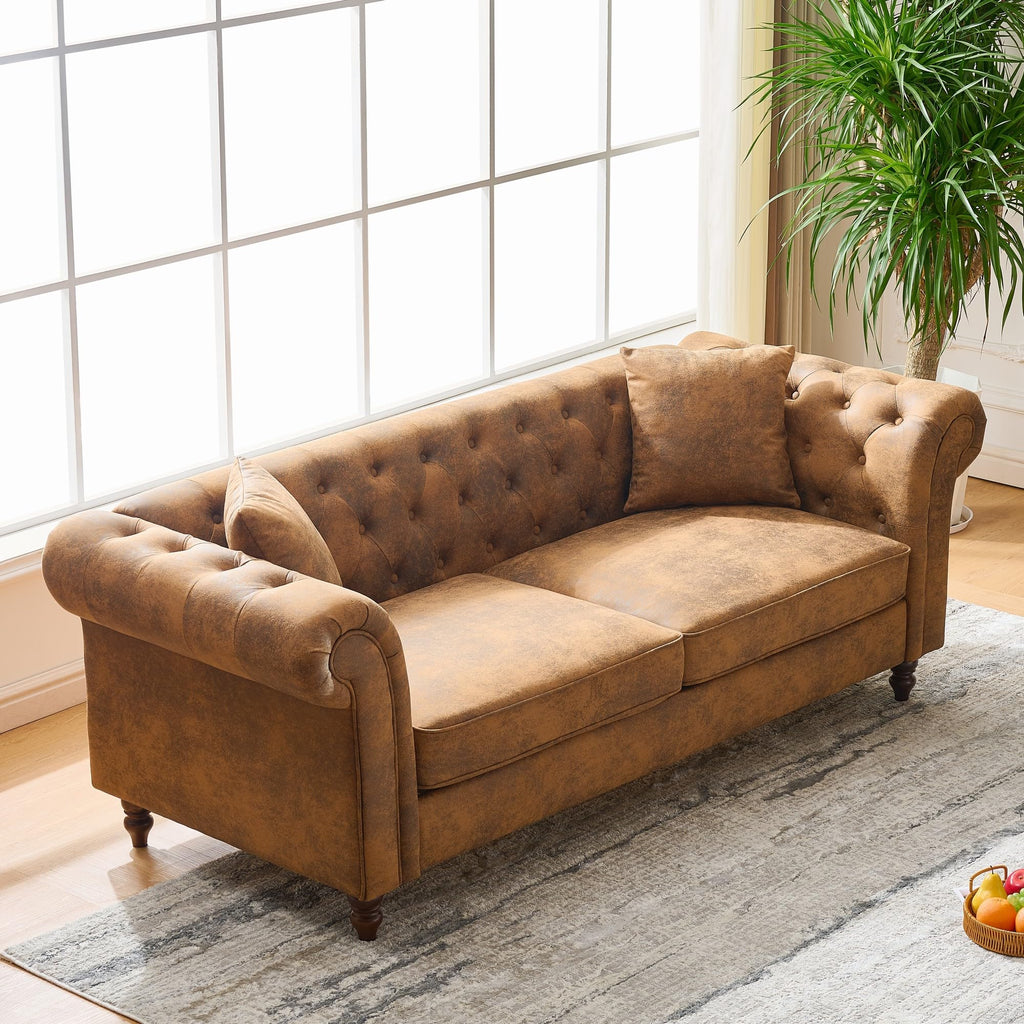 80.5" 2 Piece 3-Seater Velvet Chesterfield, Combination with Button Tufted Curved Backrest Rolled Arms, Faux Leather