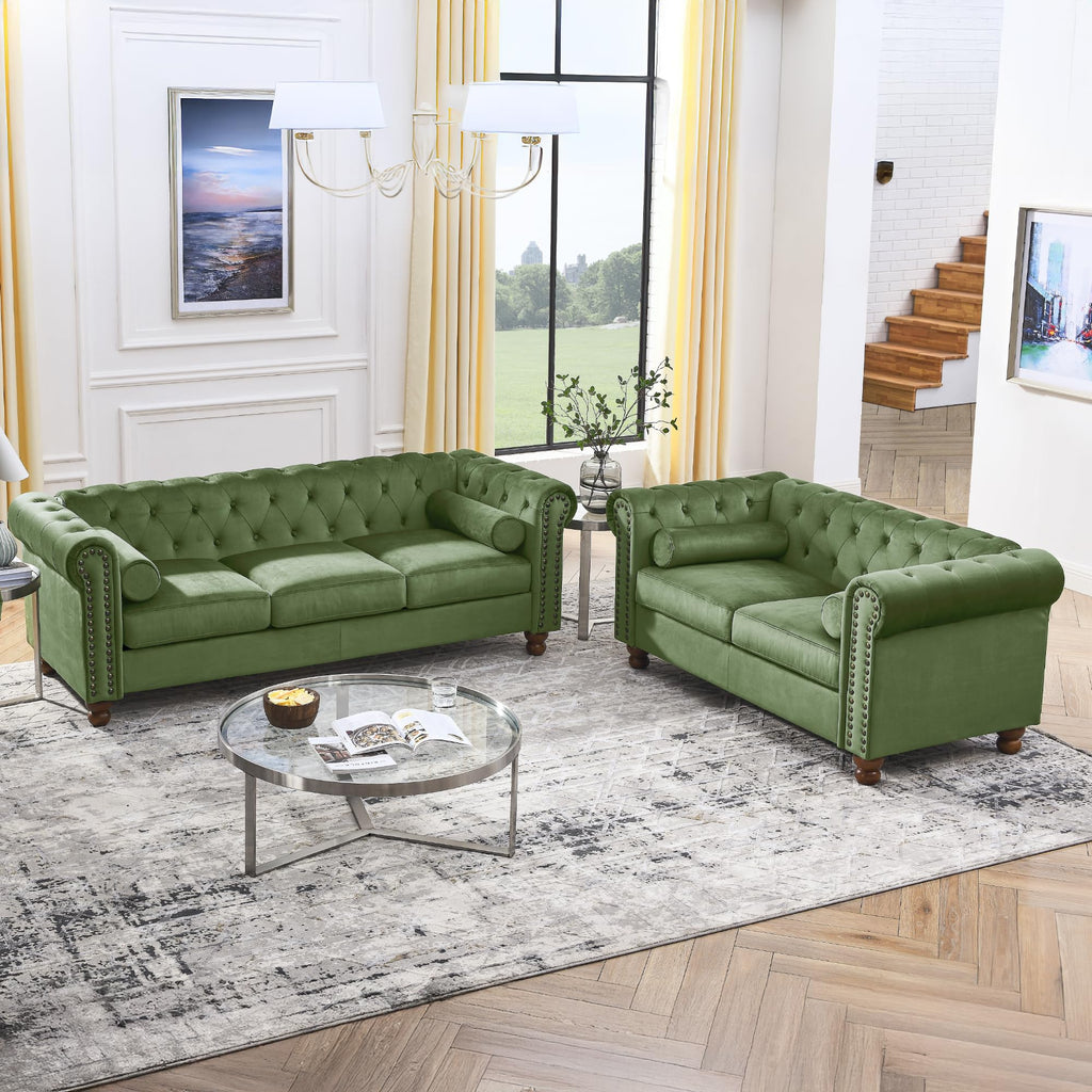 58" Green Velvet Chesterfield Loveseat, 2-Seater Sofa with Nailhead Trim