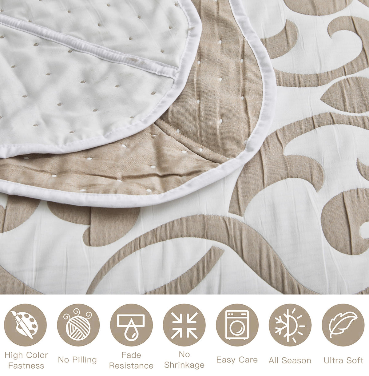 Oversized Bedspread 128x120, Jacquard Matelasse Floral Damask Design, 5-Piece Lightweight Reversible Microfiber