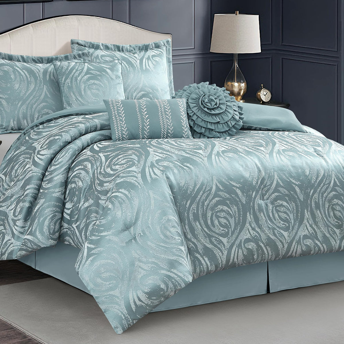 Blue 7 Piece Comforter Set, Elegant Floral Jacquard, Ultra Soft Bed Set for All Seasons, Bed in a Bag, Include