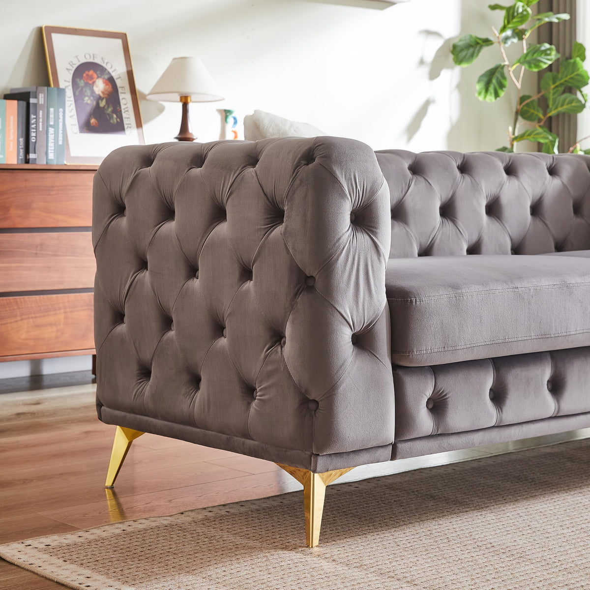 2-Piece Luxury Chesterfield Sofa Set with 1 Velvet 3-Seater Sofa & 1 Loveseat Sofa, Mid-Century 5-Seater Tufted