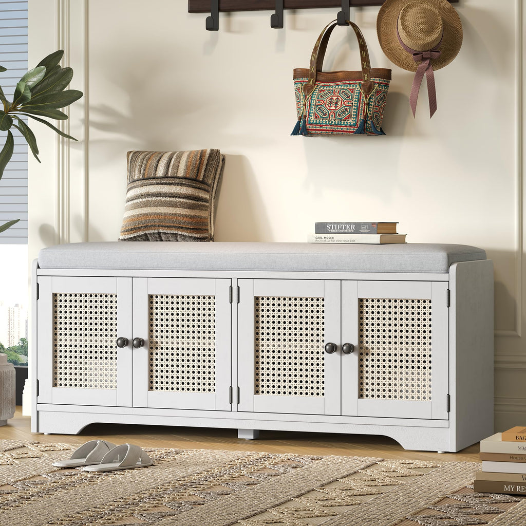 Rustic 47.4" Shoe Storage Bench with Removable Cushion, White