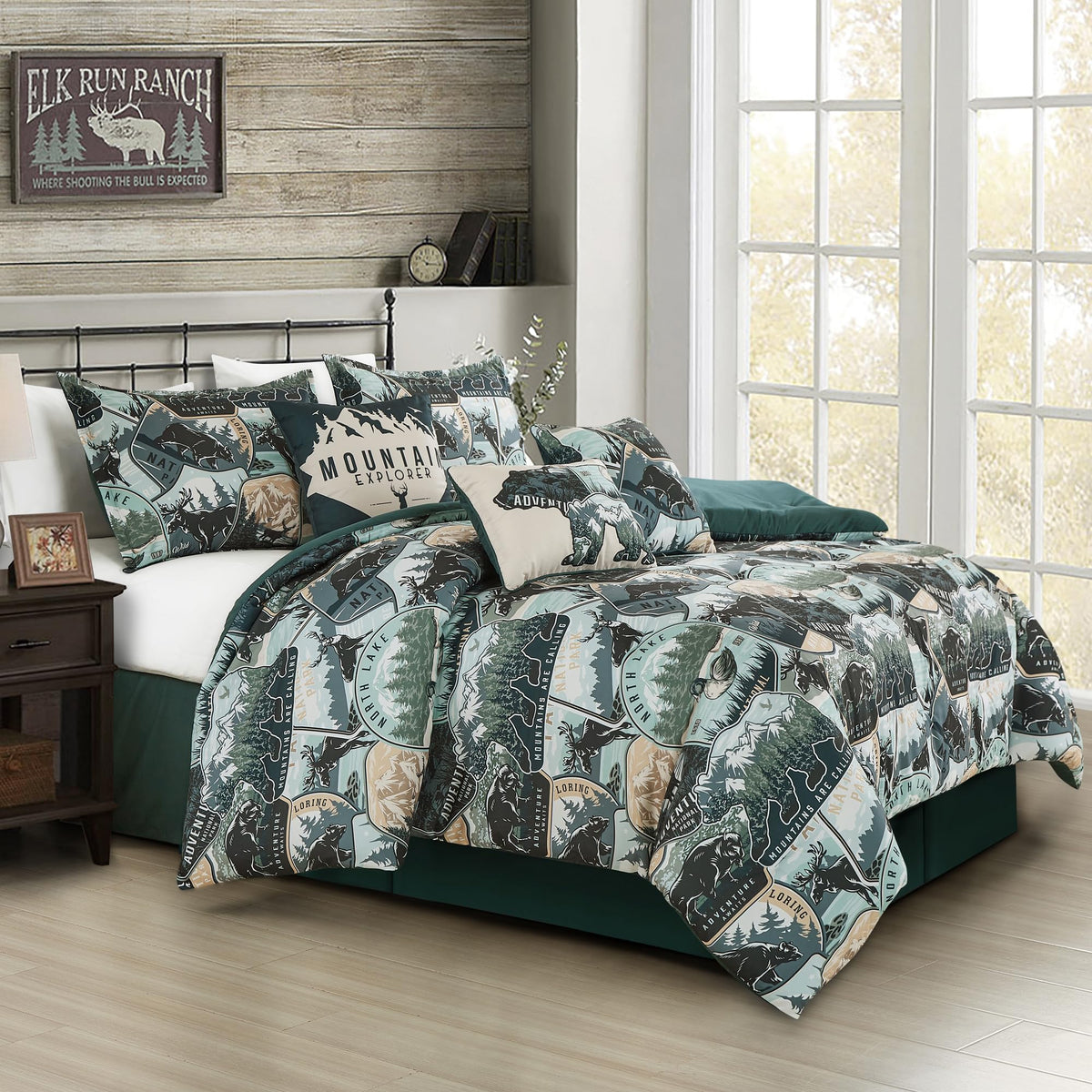 Tahoe 7-Piece North Lake Motif Comforter Set - Multicolor Blue Green Brown Black Printed Washed Cabin Lodge