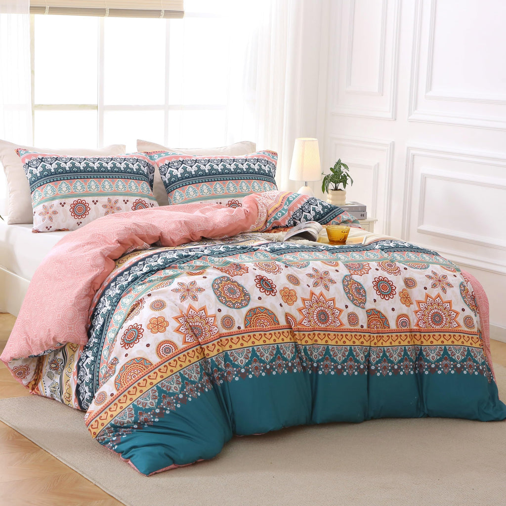 Duvet Cover Queen Size, 3-Piece Floral Boho Bedding Set