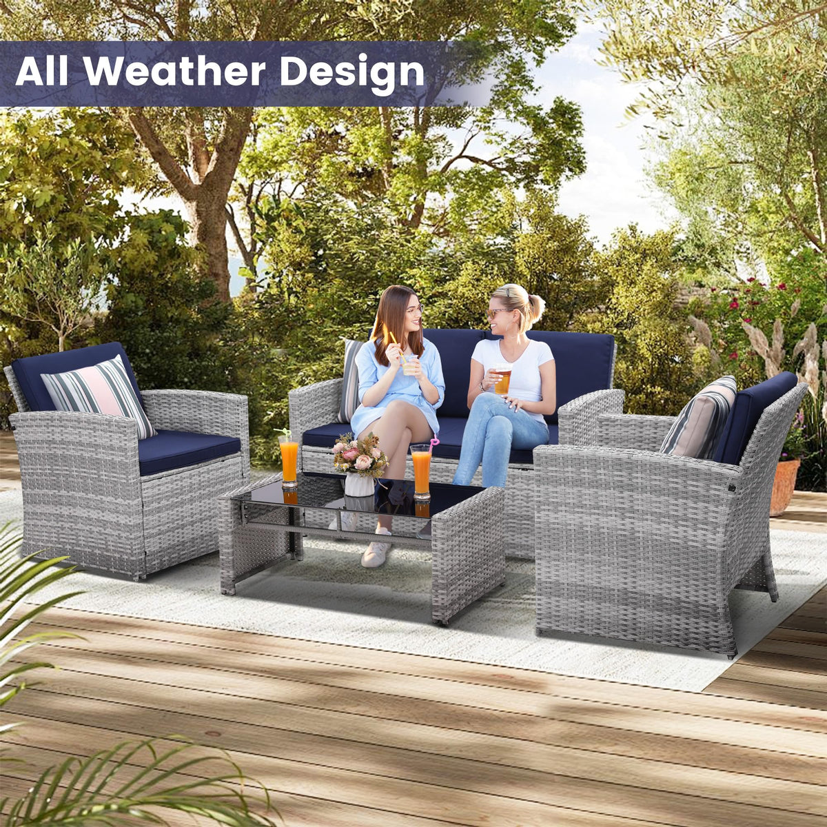 4 Piece Patio Furniture Set, Outdoor Wicker Conversation Set