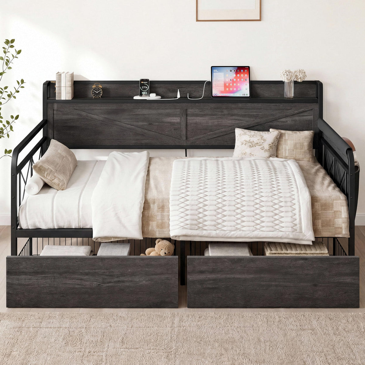 Twin Daybed with Farmhouse Storage Headboard