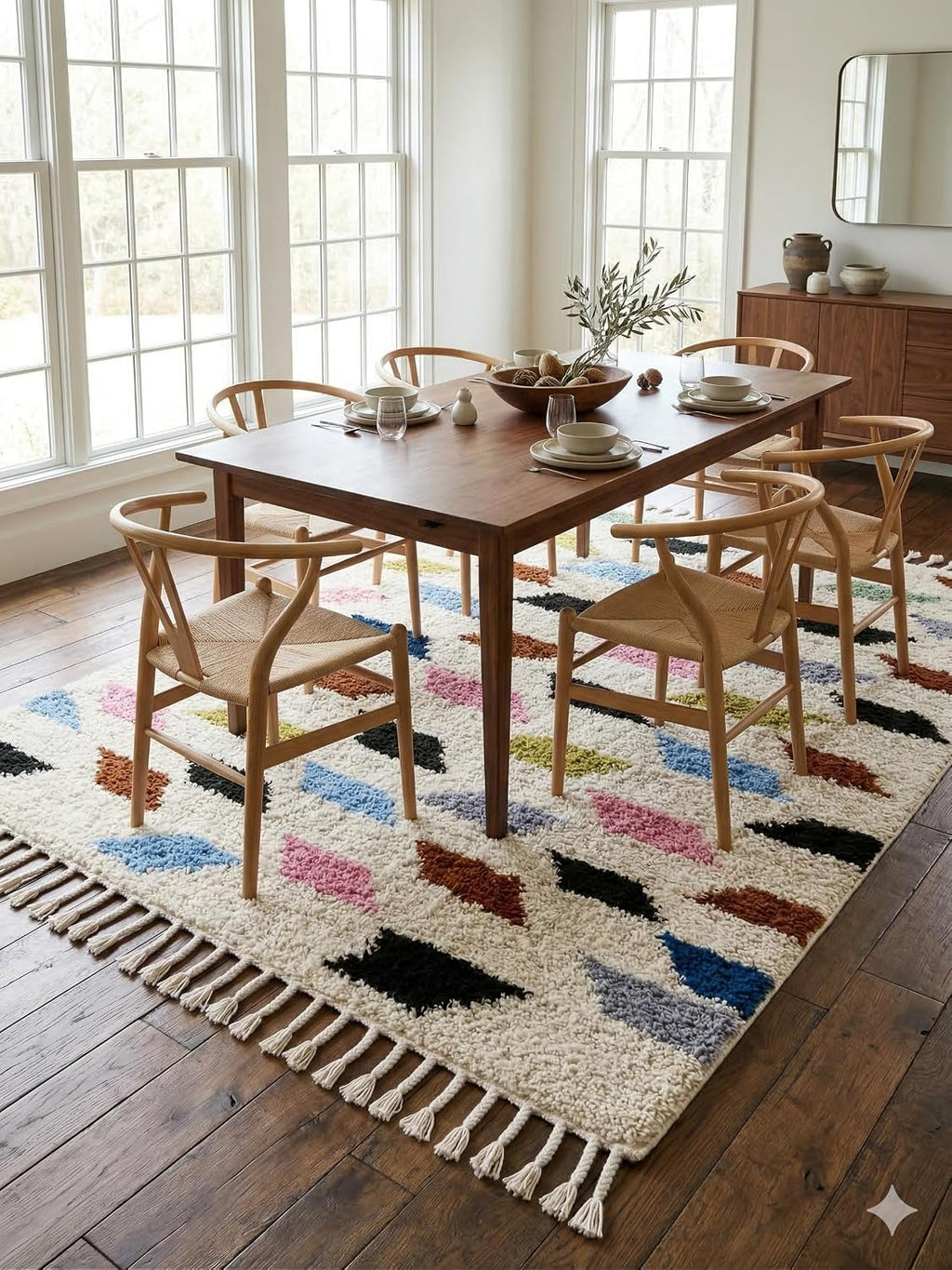 Handmade Moroccan Berber Wool Rug 6' x 9', 100% Wool High Pile Shag, Ivory/Cream with Multicolor Diamond Motifs