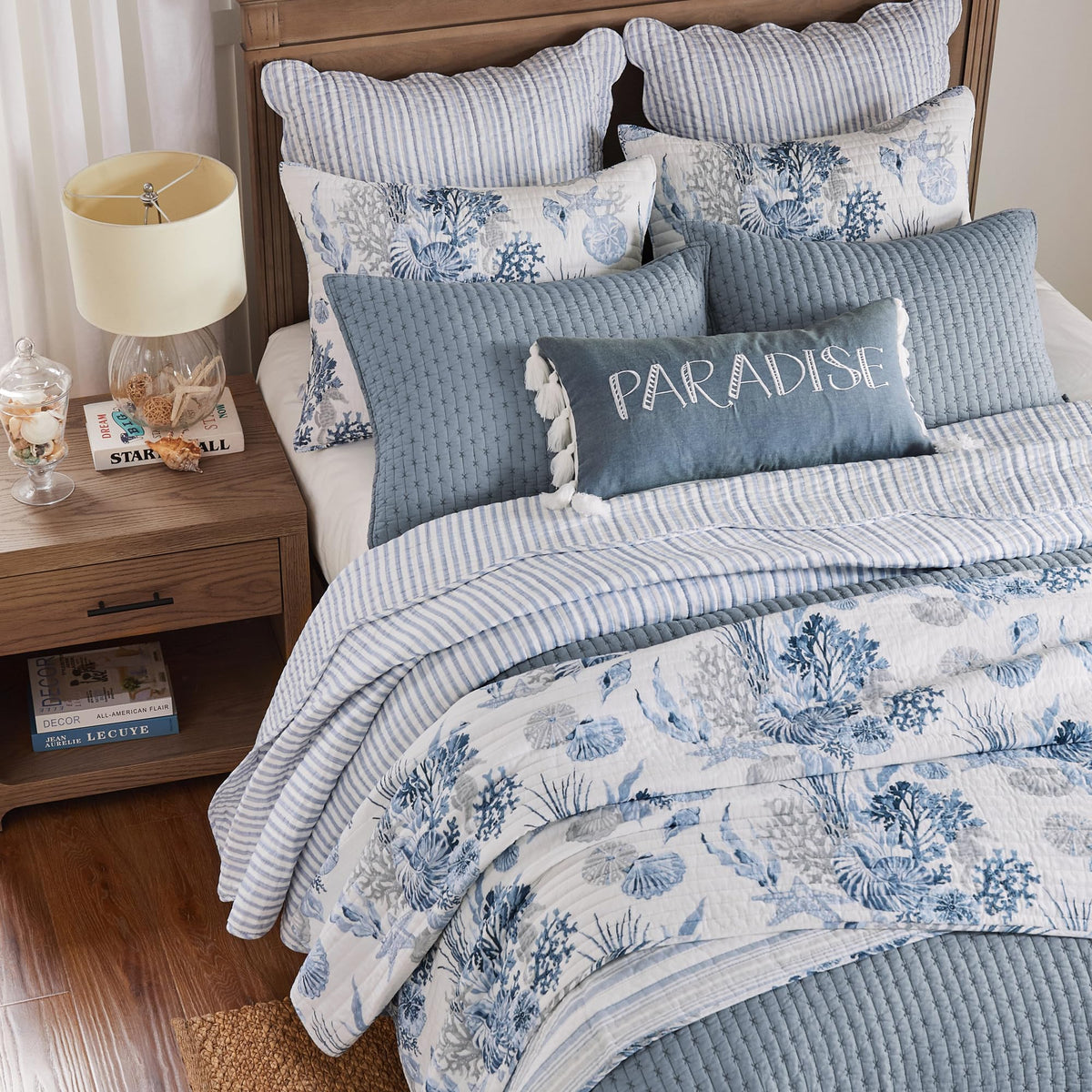 Coral Landing Quilt Set - Quilt and One Standard Sham - Coastal - Navy Blue Grey White - Quilt (68x86in.) and
