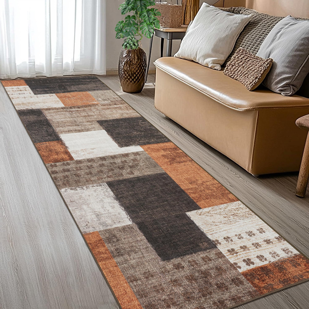 Modern Geometric Patchwork Indoor Runner Rug, Orange Rug Rockwood Collection Hardwood Floors Decor, Throw