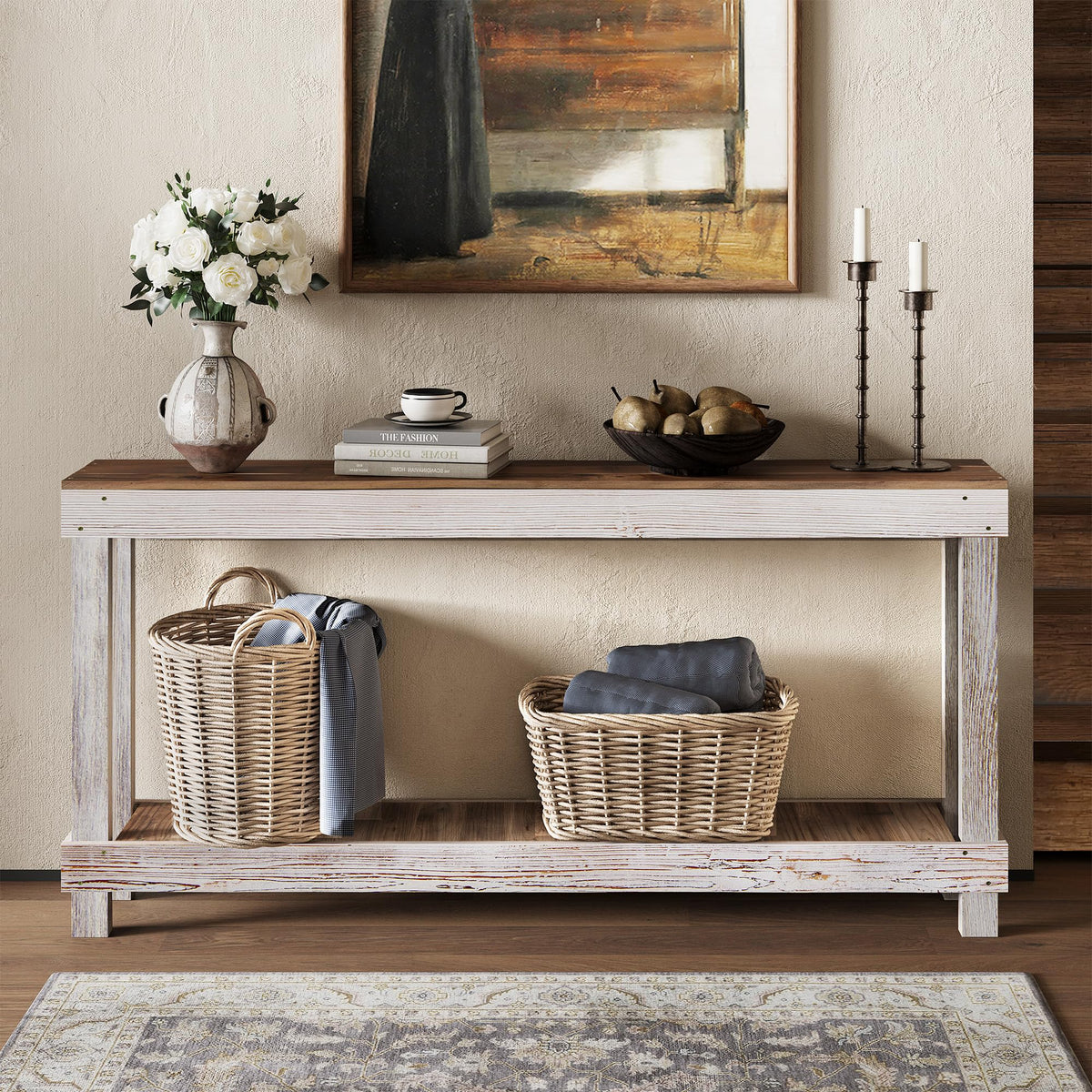 60" Long Farmhouse Console Table, Solid Wood, Classic White