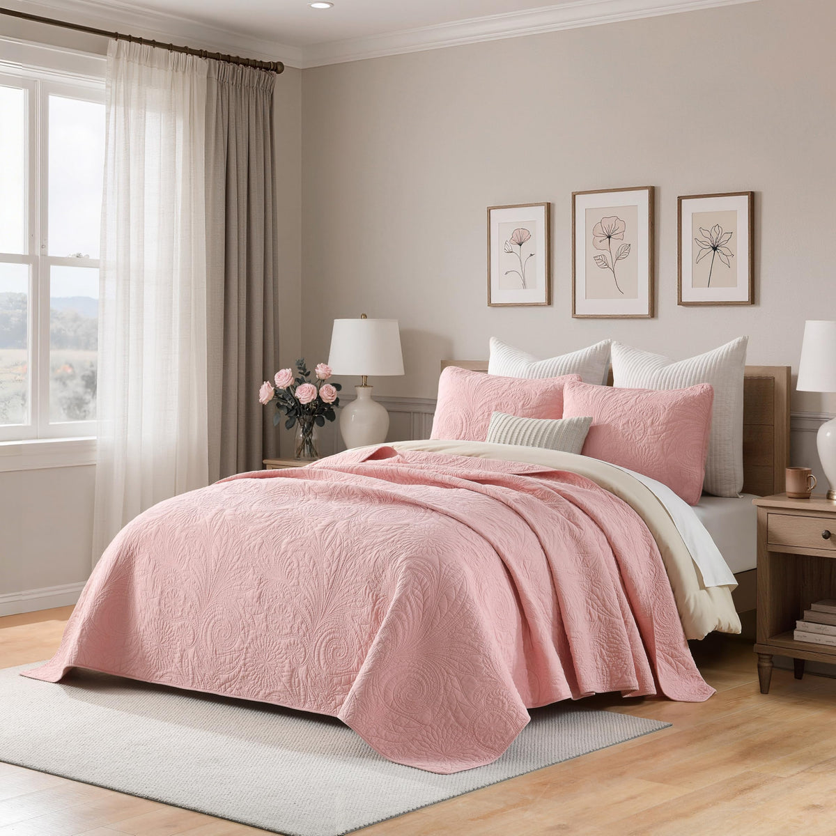 100% Cotton California King Size Quilt Set, Pink Paisley Bedspread