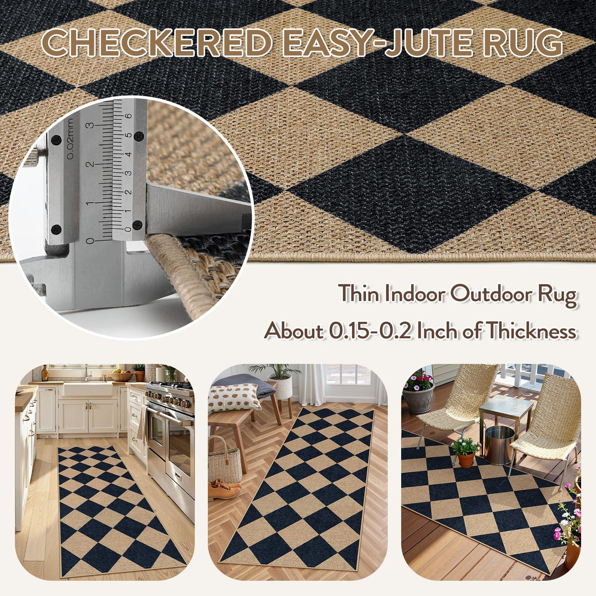 Checkered Easy Jute Non Slip Runner Rug, Kitchen Runner Rug Washable Outdoor Rug Indoor, Checkerboard Black