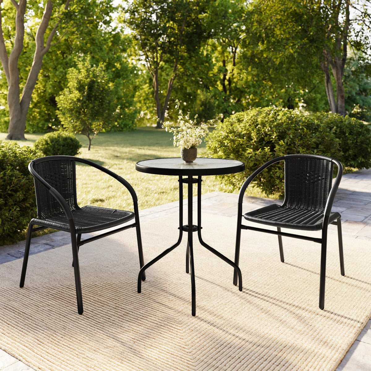 Modern Rattan Indoor/Outdoor Restaurant Dining Chairs, Stackable Rattan Bistro Chairs or Restaurant, Set of 2, Black
