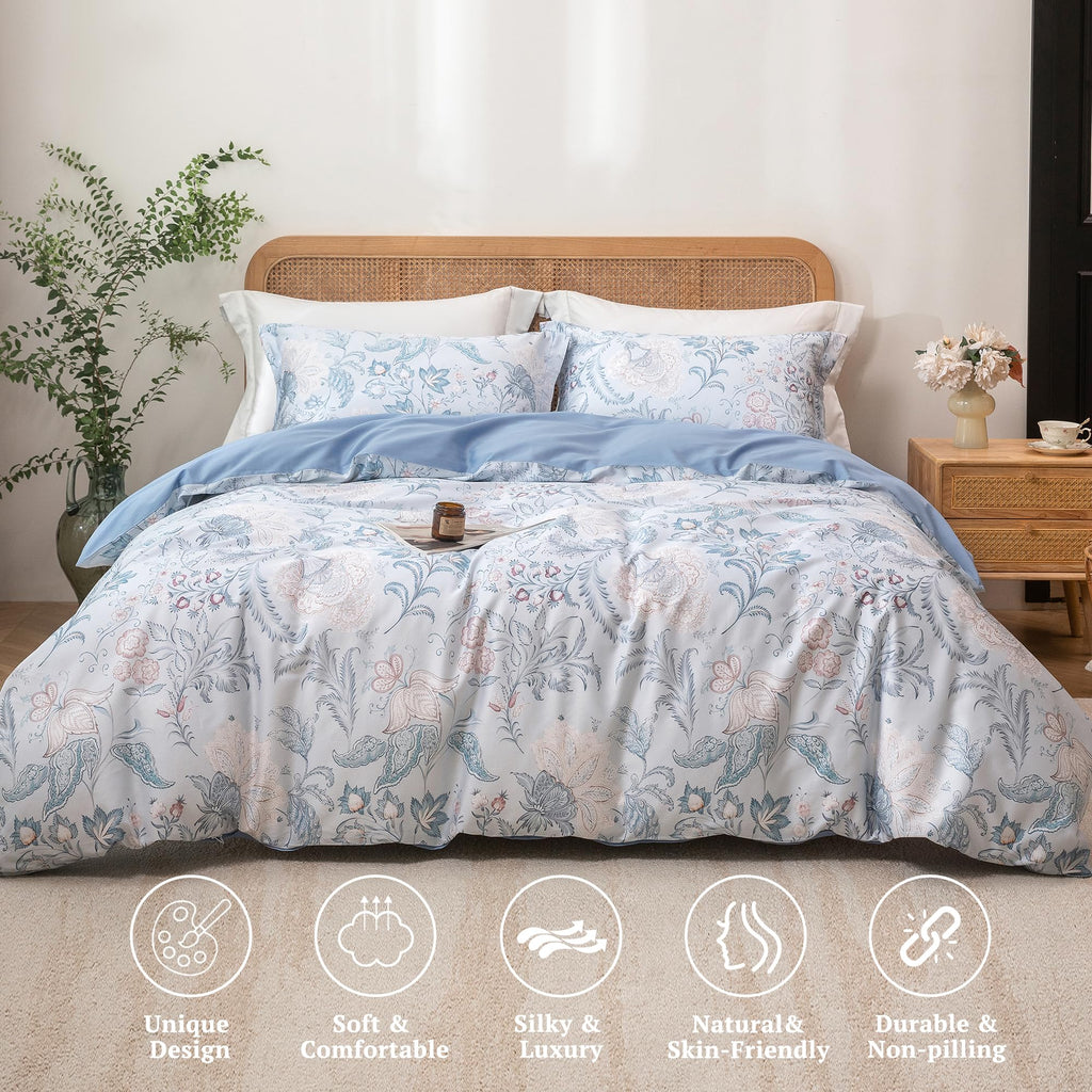 Blue Paisley Floral Duvet Cover Set 3pcs for All Season Queen