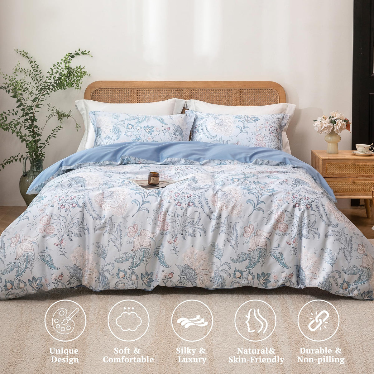 Blue Paisley Floral Duvet Cover Set 3pcs for All Season Queen