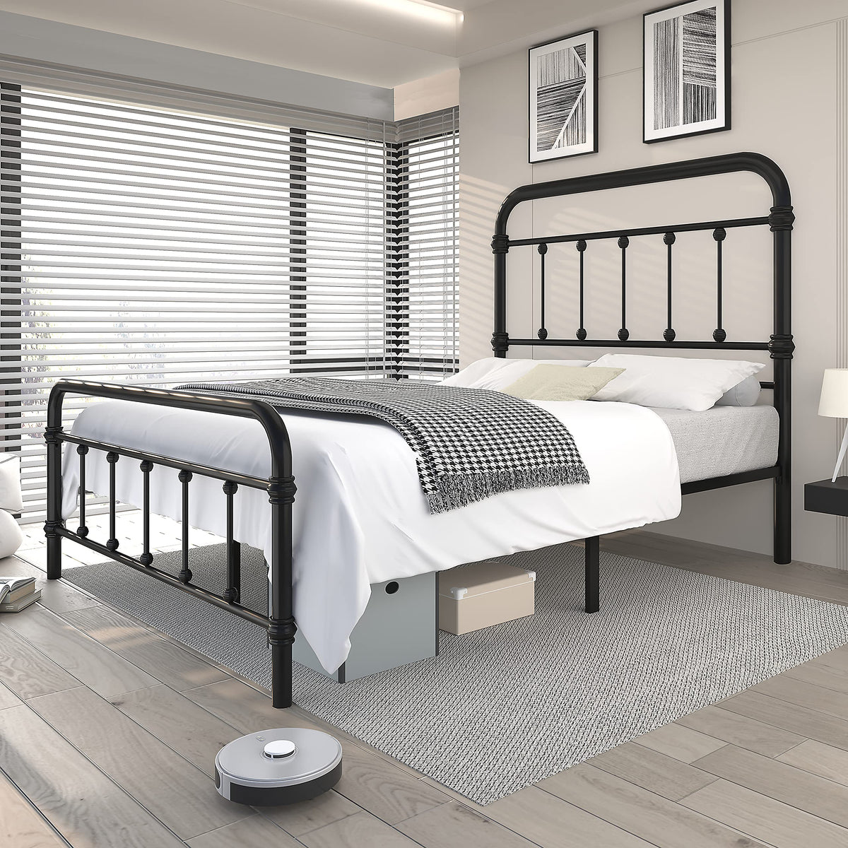 Metal Bed Frame with 49inch High Vintage Headboard