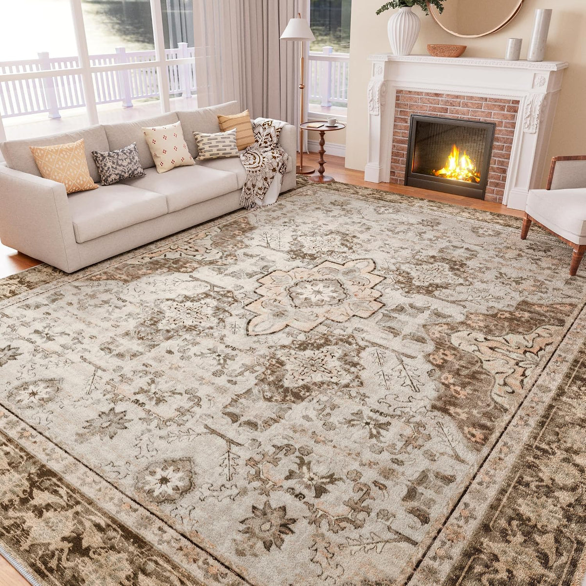 8x10 Area Rugs, Large Non-Slip Washable Rug, Boho Vintage Retro Medallion Print Pattern Carpet Dining Room Home