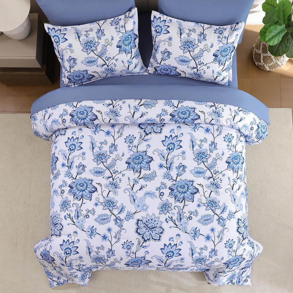 Blue Paisley Floral Comforter Set, 7 Pieces King Bed in a Bag