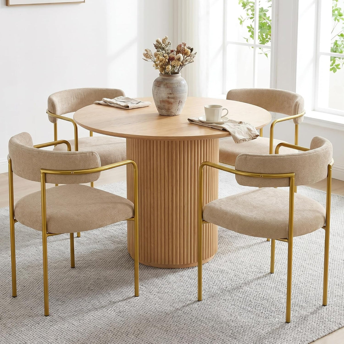 Boucle Dining Chairs Set of 4 with Arms, Mid Century Modern Upholstered Dining Chairs for Kitchen & Dining Room