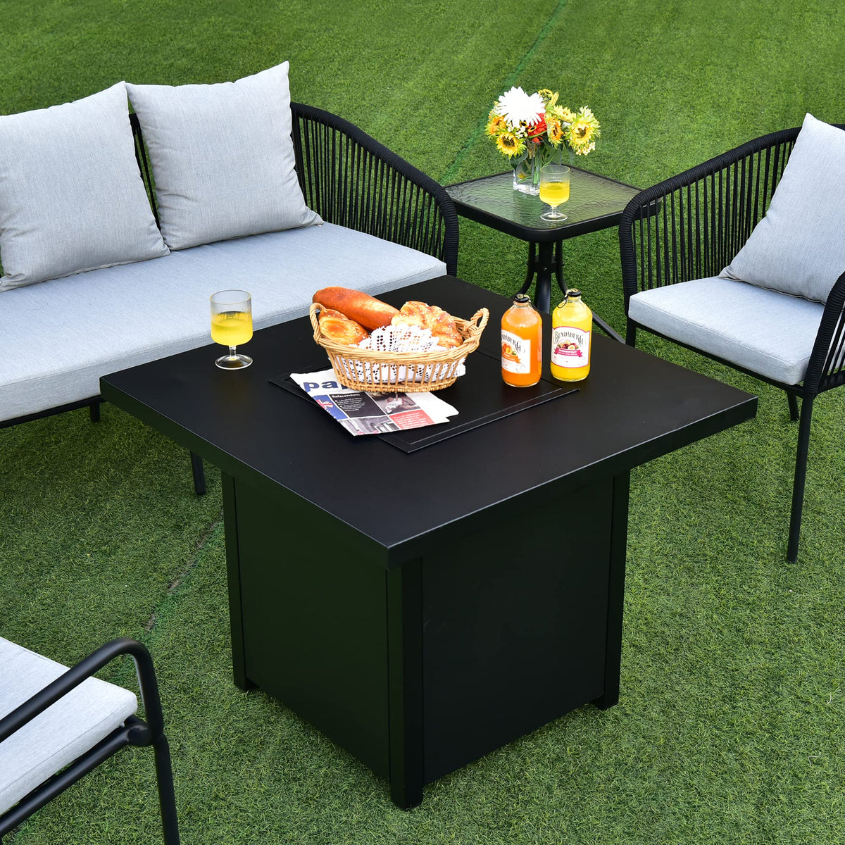 32-Inch Propane Fire Pit Table, 40000 BTU Square Gas Firepit Table with Lid, Fire Glass and Adjustable Flame, CSA