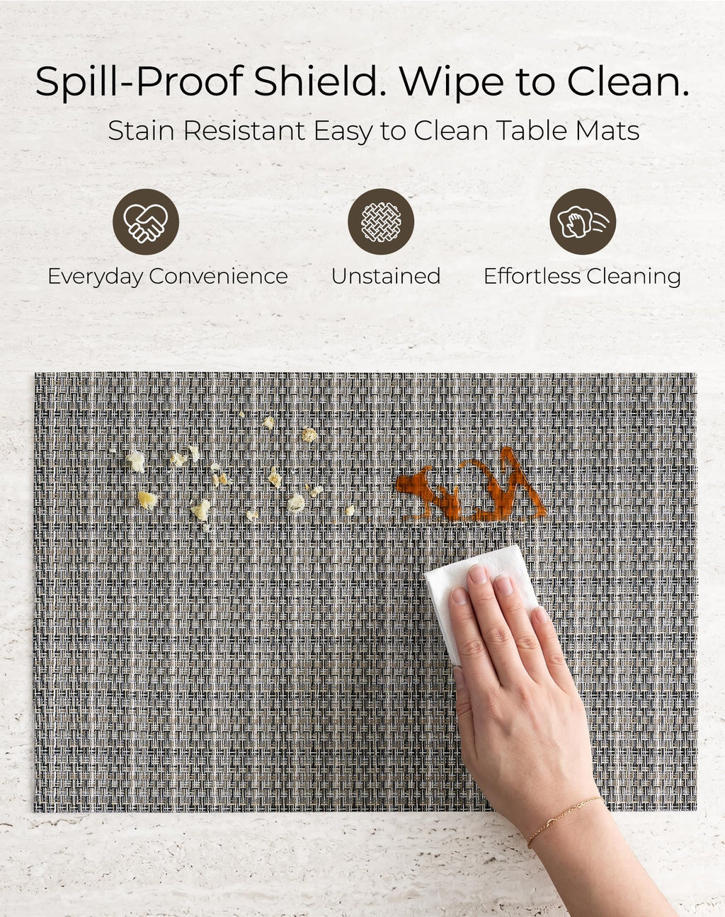 Woven Vinyl Placemats Set of 24, Beige Gray
