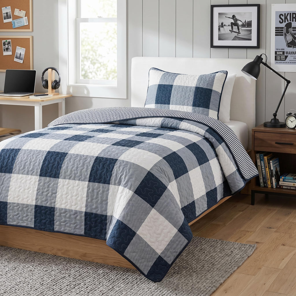 Blue and White Buffalo Plaid Quilt Set, 2 Shams, Check