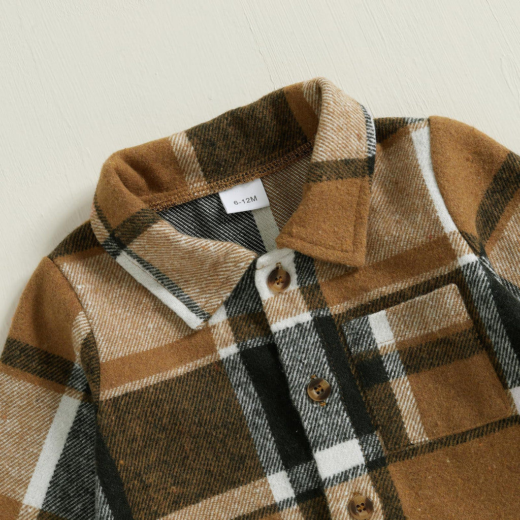 Toddler Boys Fall Outfits Plaid Flannel Baby Boy Jacket Button Down Shirts Pants 2Pcs Festival Clothes Set