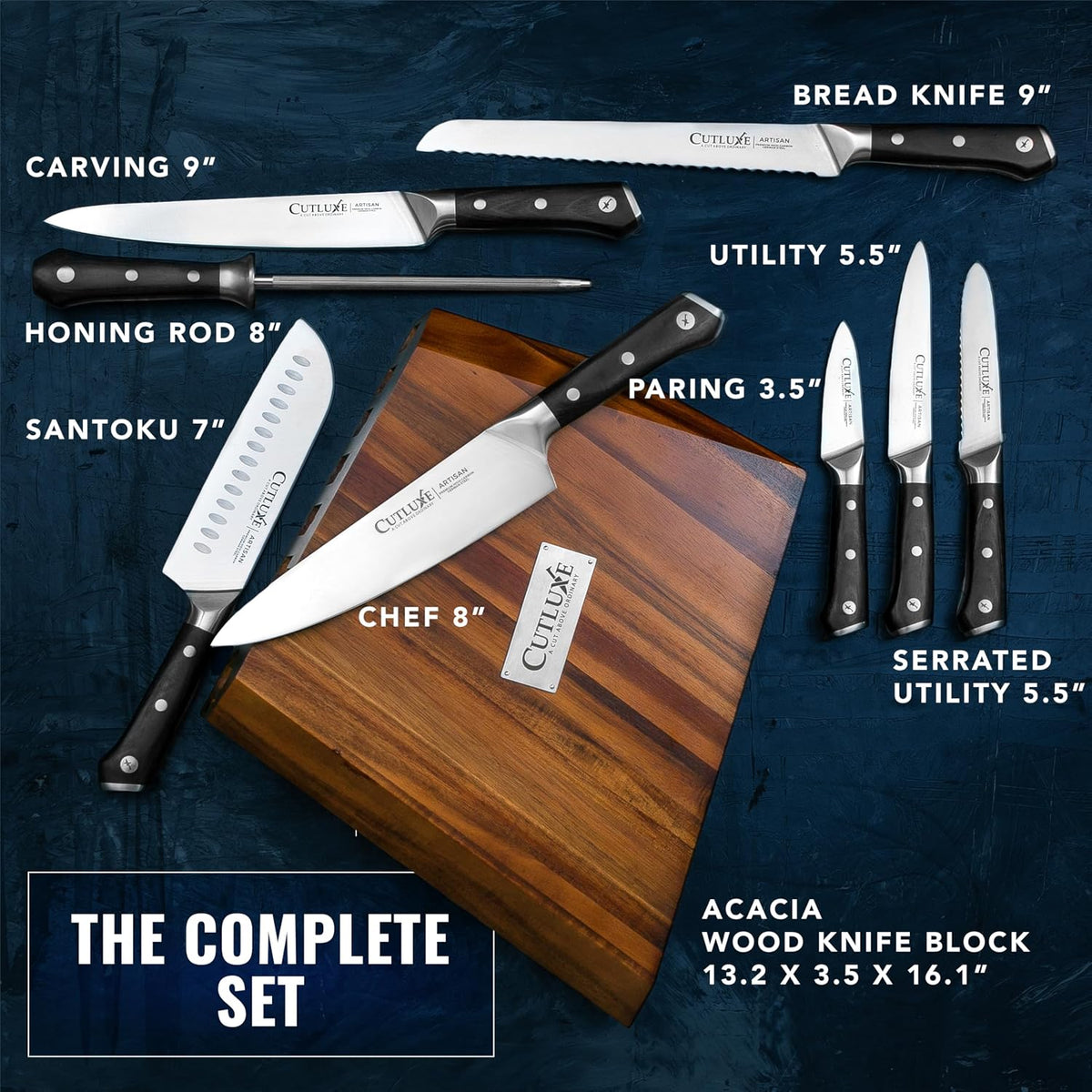 Kitchen Knife Set, 8-Piece Chef Knives with Acacia Wood Block | Razor Sharp Full Tang Blades, High Carbon German