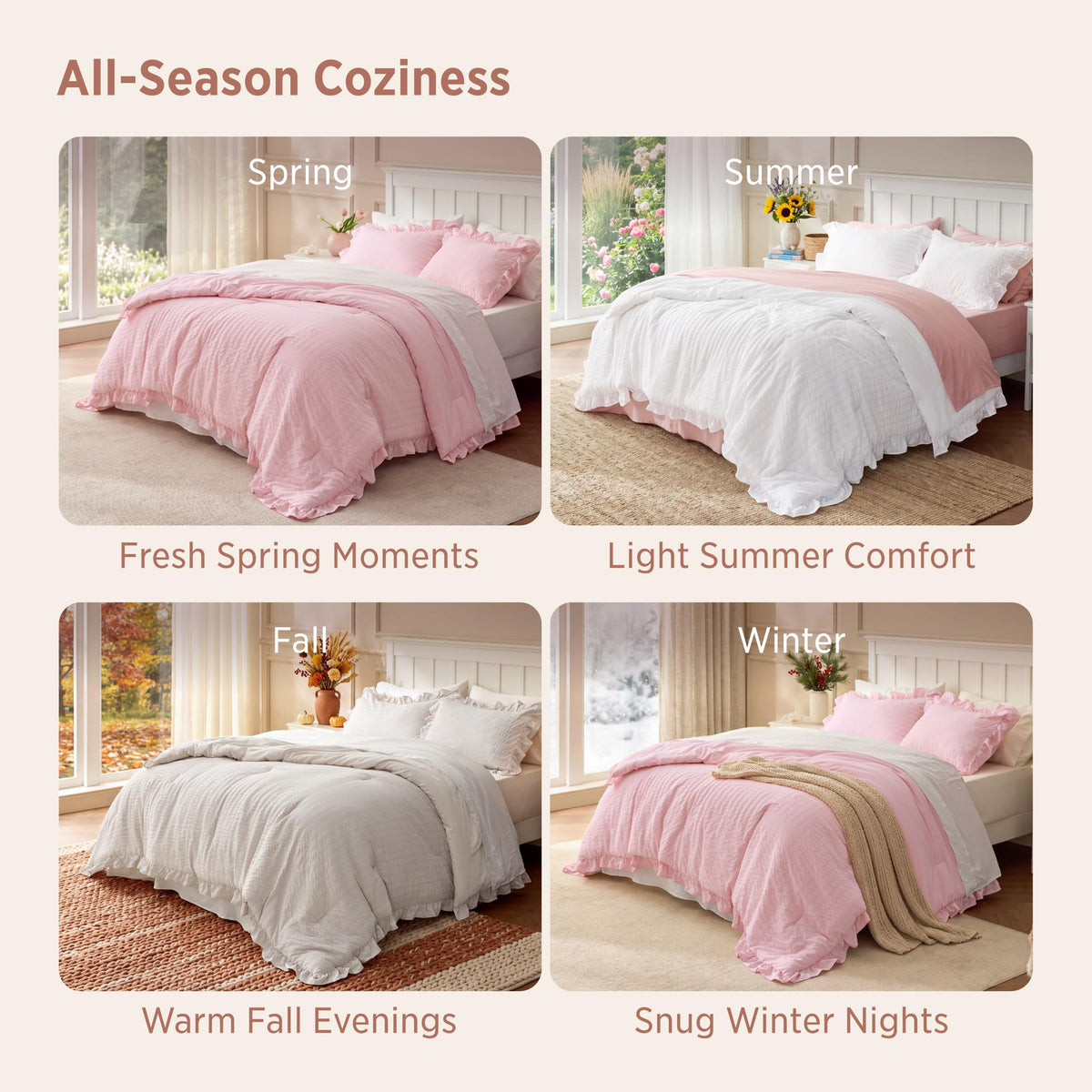 Pink Ruffle Comforter Set, Bedding Set Cotton-Like 3 Picecs