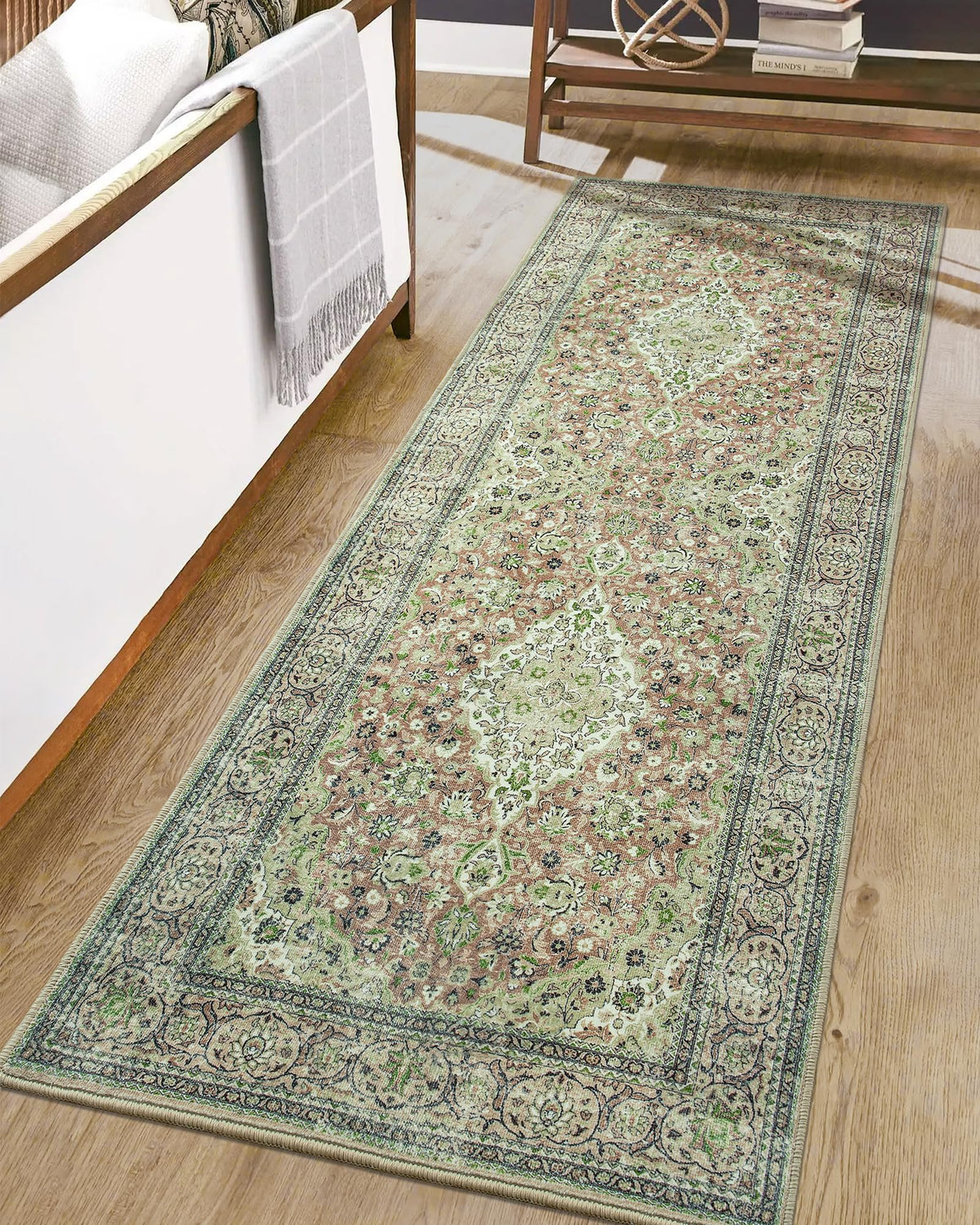 Washable Runner Rug, Sage Green Rugs Non Slip, Indoor Low Pile Carpet with Rubber Backing Kitchen Bathroom