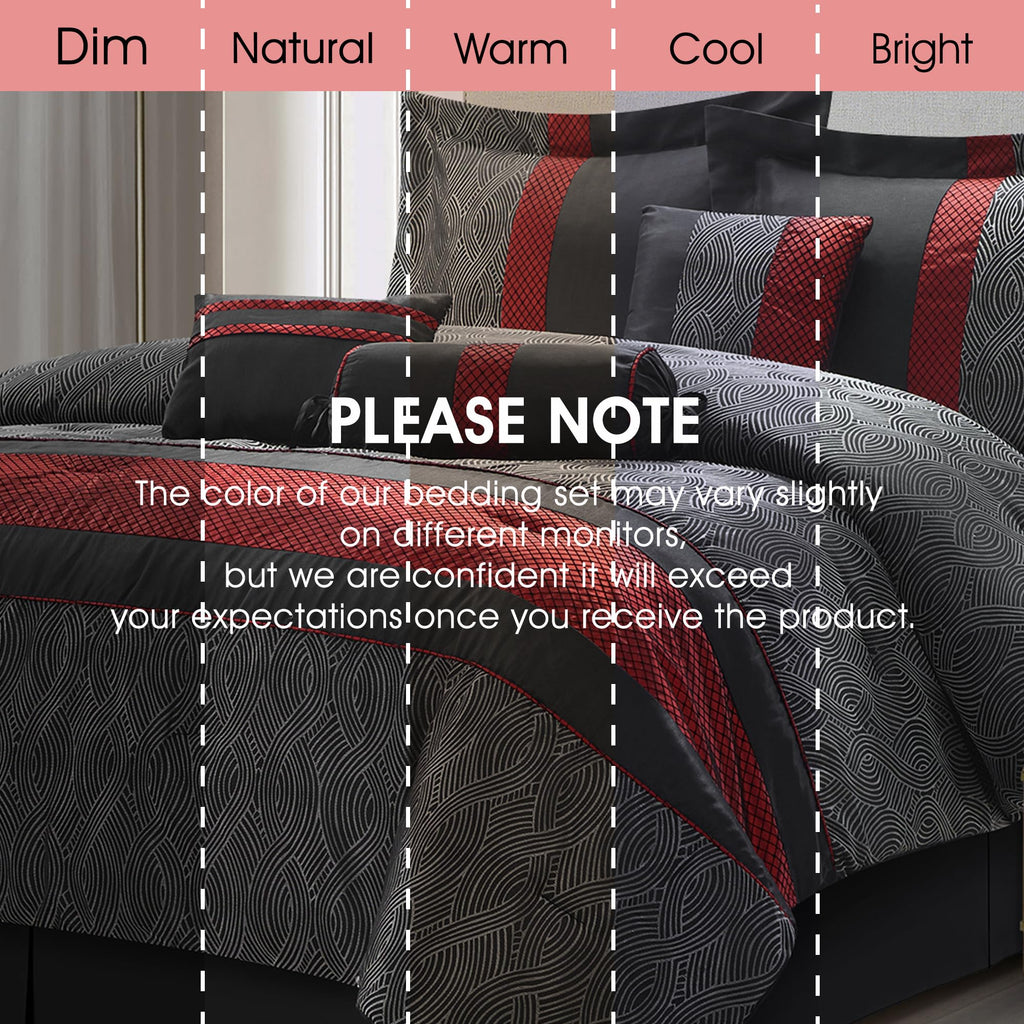 7 Piece Comforter Set, Black Red, Jacquard with Patchwork, Soft and Cozy for All Seasons, Bed in a Bag with