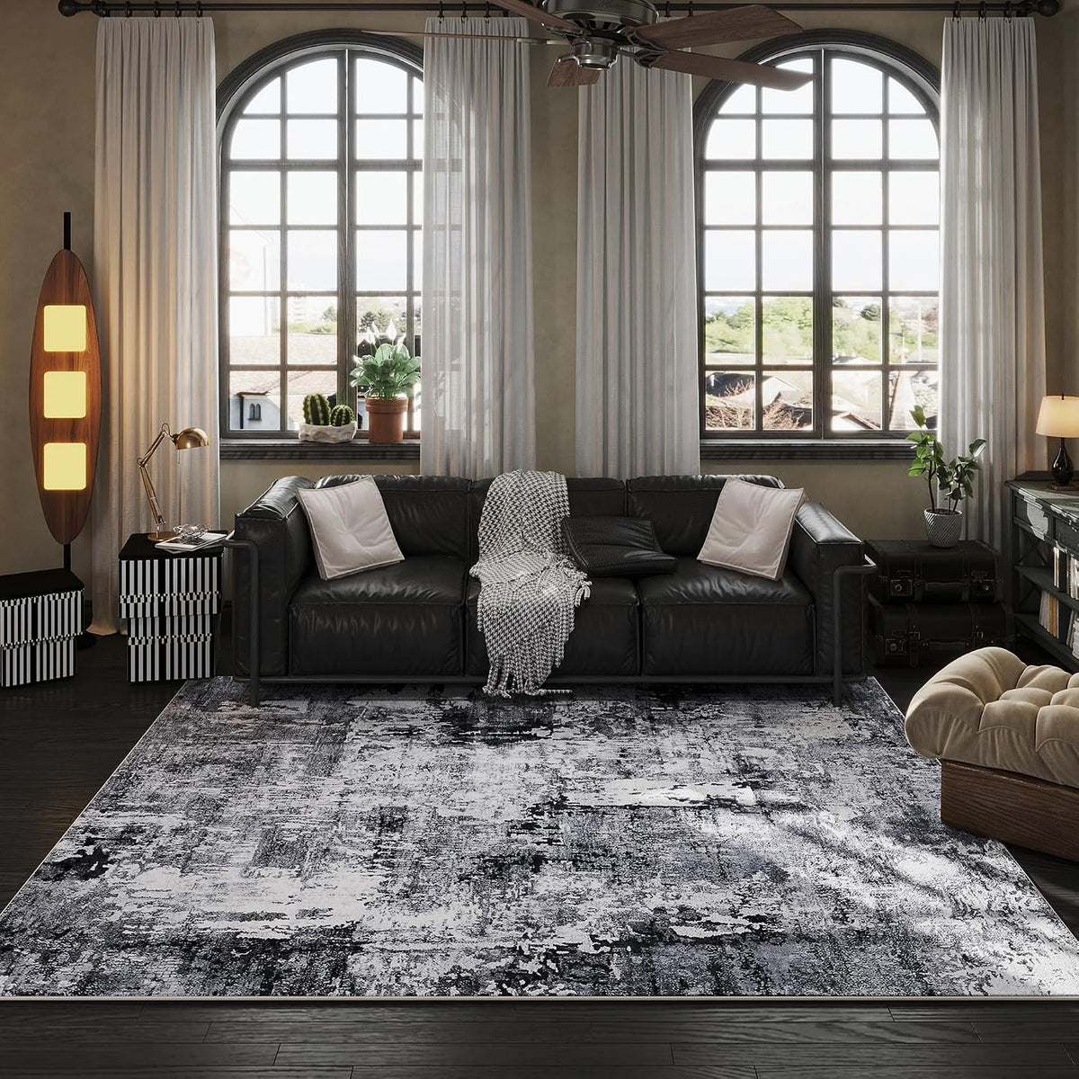 Area Rug Washable Abstract, Grey and Black