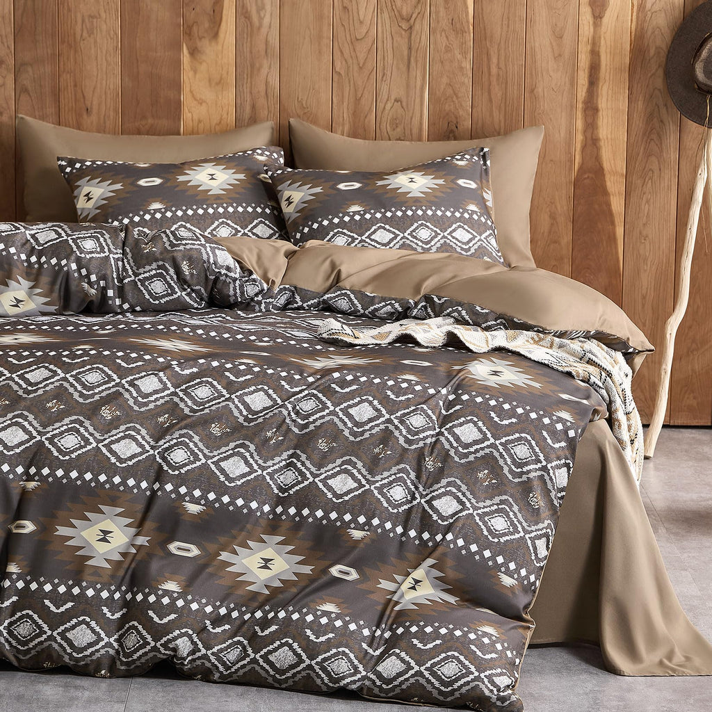 Comforter Set, Southwestern Aztec Country Style with Rustic Ranch Vibe, Soft Lightweight Bedding, 3 Pieces, Taupe