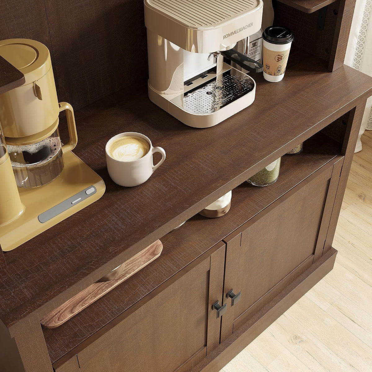 72" Farmhouse Coffee Hutch Cabinet, Large LED Buffet Sideboard with Wine Rack & Glass Shelf, Tall Kitchen Storage