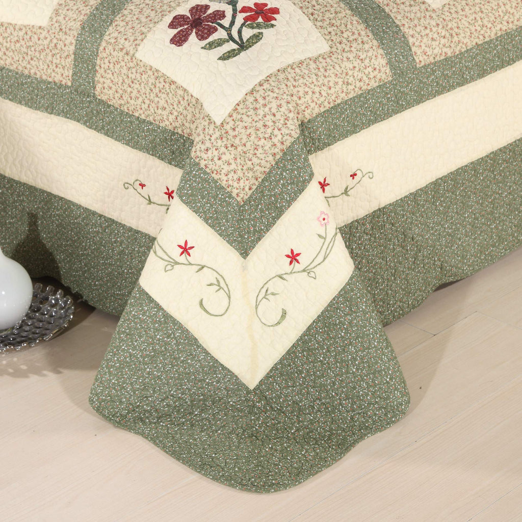 Farmhouse Green 3 Piece Embroidered Floral Quilted Bedspread Quilt Set 100% Cotton Reversible Patchwork Coverlet Set