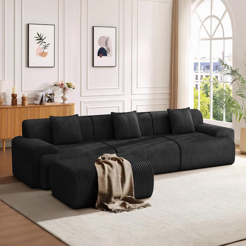 118" Modern L Shaped Modular Sectional Sofa, Boneless Cloud Couch with Ottoman, Oversized Corduroy Couch Deep Seat