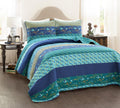 Royal Empire Reversible Cotton Quilt Set, 3 Piece Set, Peacock - Striped Bedding Set - Floral Quilt