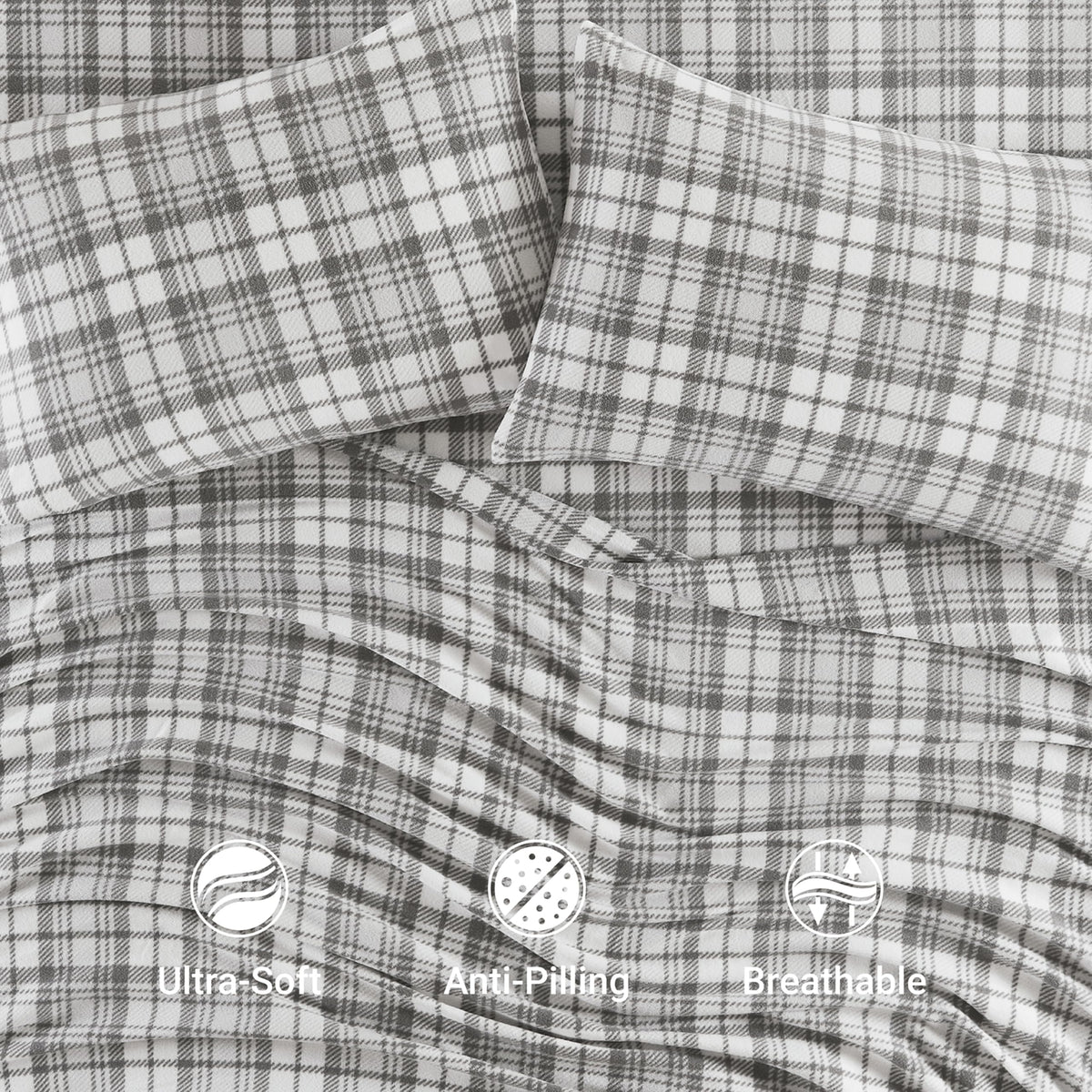 Sleep Philosophy Micro Fleece Sheets Bed Set 3 Piece, Grey Plaid