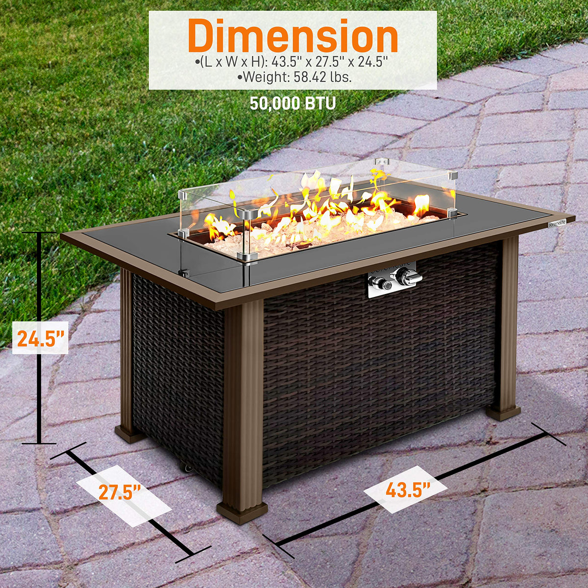 Outdoor Gas Fire Pit Table, 50, 000 BTU Propane Burner, Auto Ignition, Tempered Glass Wind Guard, Stainless Steel