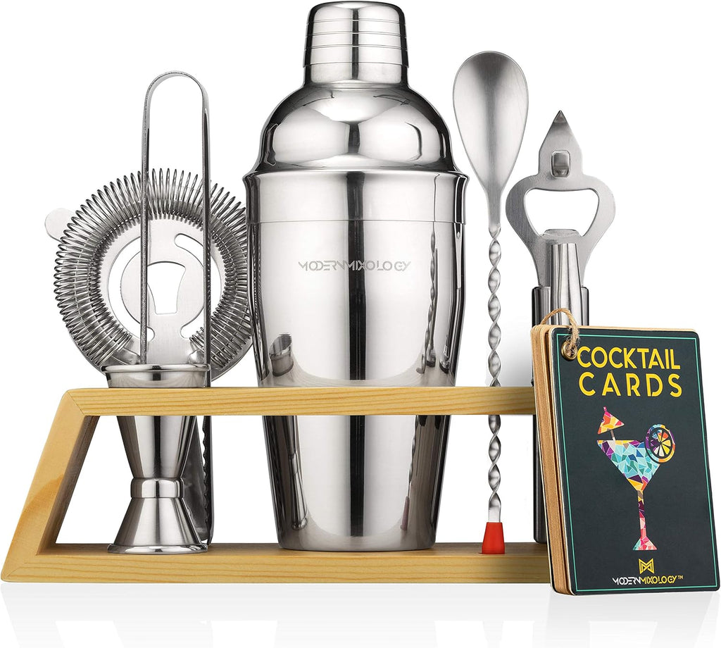 Bartender Kit with Bamboo Stand - Cocktail Shaker Set and Bar Accessories Bar, Drink Mixing, and Mixology Kit - Set of 10